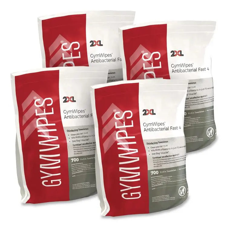 2XL Antibacterial Gym Wipes Refill, 1-Ply, 6 x 8, Unscented, White, 700 Wipes/Pack, 4 Packs/Carton (TXLL101)
