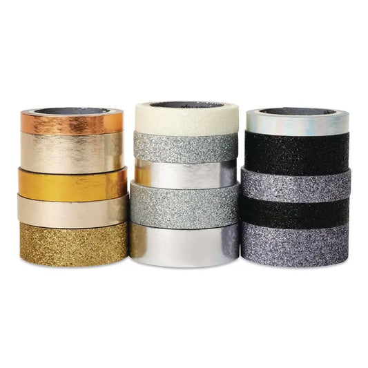 3M/COMMERCIAL TAPE DIV. Washi Glitter Metallic Tape, Black/Gold/Silver, Assorted Sizes/Colors/Finishes, 15 Rolls/Pack (MMMC101715P6)