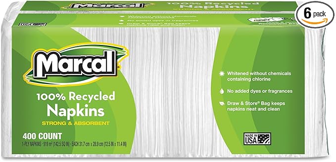 Marcal Lunch Napkins, 100% Recycled Disposable Paper Napkins - Single-Ply, Pack of 400 In a Convenient Draw & Store Resealable Bag 06506