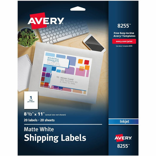 Avery® White Shipping Labels, 8-1/2" x 11" , 20 Labels (8255) - 8 1/2" Width x 11" Length - Permanent Adhesive - Inkjet - Matte - White - Paper - 1 / Sheet - 20 Total Sheets - 20 Total Label(s) - 20 / Pack