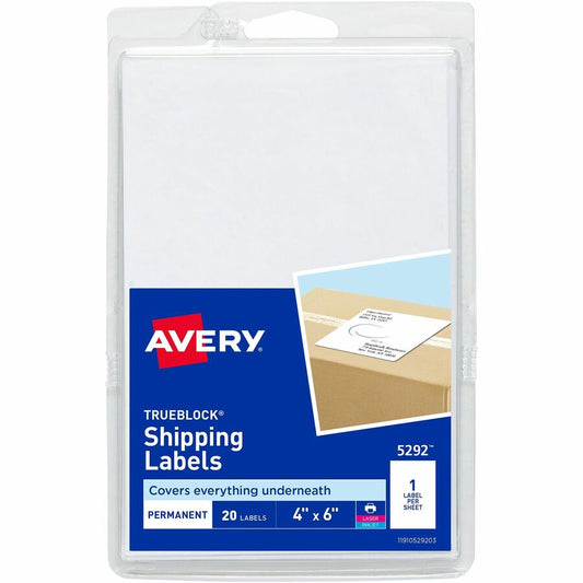 Avery® Shipping Labels, Permanent Adhesive, 4" x 6" , 20 Labels (5292) - 4" Width x 6" Length - Permanent Adhesive - Rectangle - Laser, Inkjet - White - Paper - 1 / Sheet - 20 Total Sheets - 20 Total Label(s) - 20 / Pack