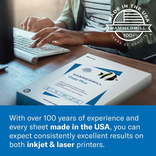Hammermill Copy Plus Paper - White - 92 Brightness - Letter - 8 1/2" x 11" - 20 lb Basis Weight - Acid-free, Quick Drying - White - 500 / Ream Product Tour