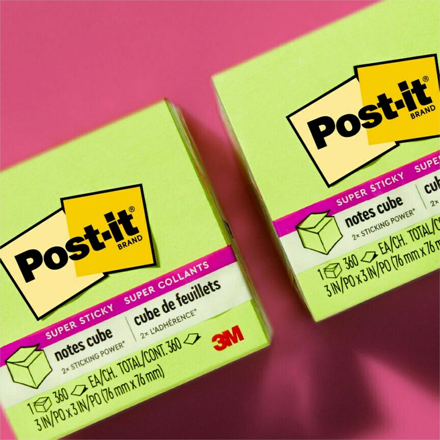Post-it® Super Sticky Notes Cube - 3" Flag/Note Width x 3" Flag/Note Length - Square - 360 Sheets per Pad - Guava, Acid Lime, Aqua Splash - Paper - Sticky, Recyclable - 1 Pack