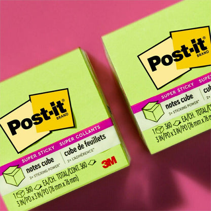 Post-it® Super Sticky Notes Cube - 3" Flag/Note Width x 3" Flag/Note Length - Square - 360 Sheets per Pad - Guava, Acid Lime, Aqua Splash - Paper - Sticky, Recyclable - 1 Pack