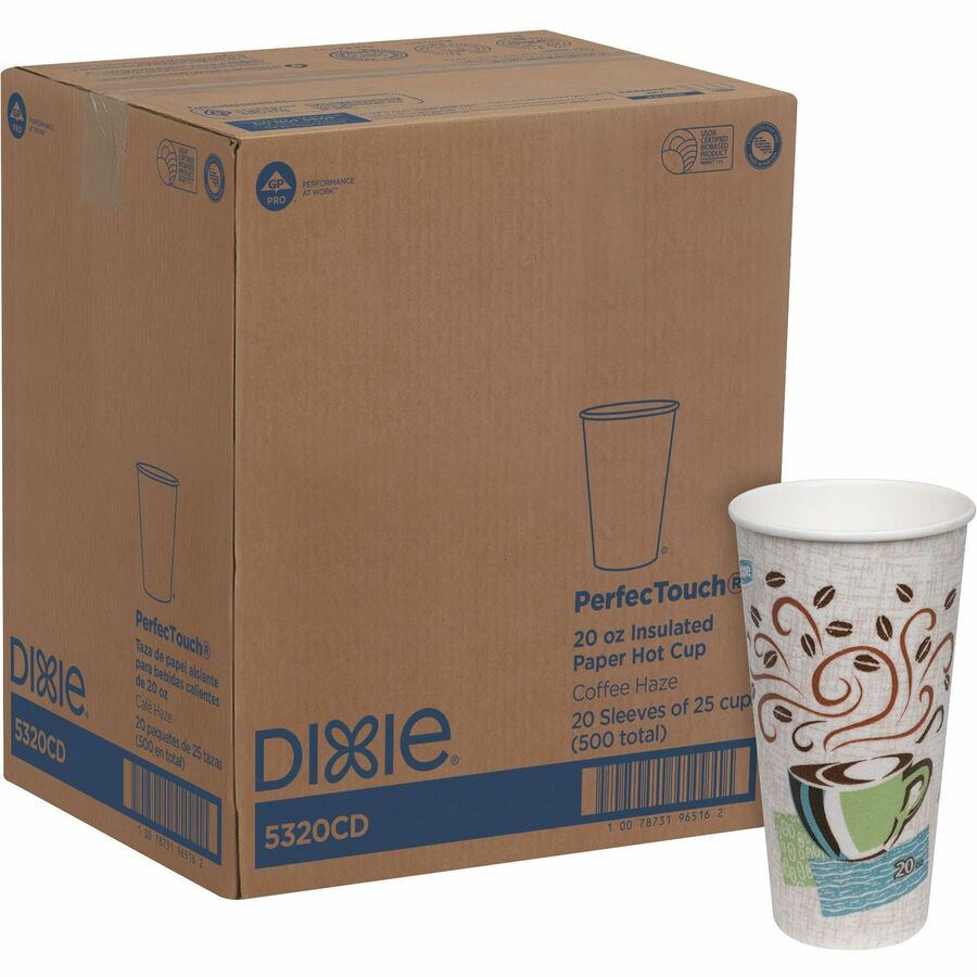 Dixie PerfecTouch 20 oz Insulated Paper Hot Coffee Cups by GP Pro - Coffee Haze - 20 fl oz - White, Green, Brown - Paper - Hot Drink - 25/Pack - 20 / Carton