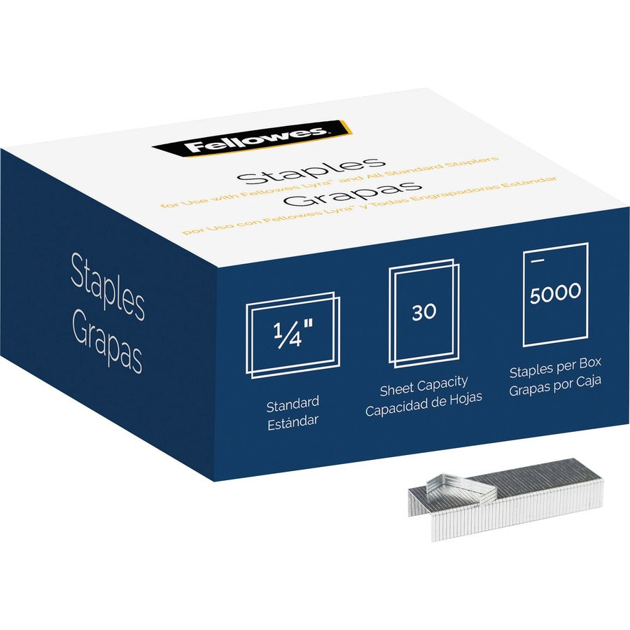Fellowes 5000pk Half-Strip Standard Staples - 1/4" - for Paper - Easy to Use - Silver - Nickel - 5000 / Pack