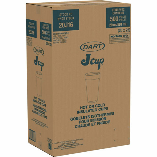 Dart J Cup 20 oz Insulated Foam Cups - 20 fl oz - Round - White - Foam - Beverage, Coffee, Cappuccino, Soft Drink, Juice, Hot Drink, Cold Drink, Iced Tea, Smoothie - 20/Pack - 25 / Carton
