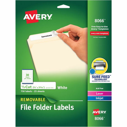 Avery® Removable File Folder Labels - 2/3" Width x 3 7/16" Length - Removable Adhesive - Rectangle - Inkjet, Laser - Matte - White - Paper - 30 / Sheet - 25 Total Sheets - 750 Total Label(s) - 750 / Pack