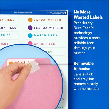 Avery® Removable File Folder Labels - 2/3" Width x 3 7/16" Length - Removable Adhesive - Rectangle - Inkjet, Laser - Matte - White - Paper - 30 / Sheet - 25 Total Sheets - 750 Total Label(s) - 750 / Pack