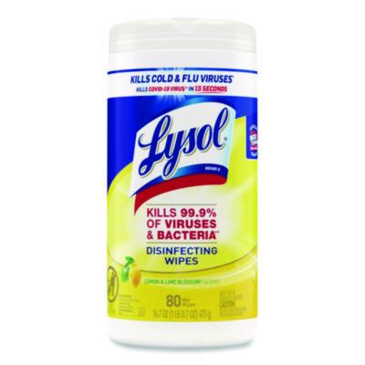 LYSOL® Brand Disinfecting Wipes, 1-Ply, Lemon and Lime Blossom, White, 80 Wipes/Canister