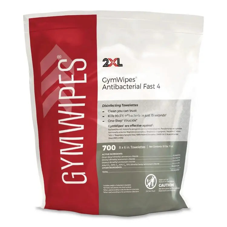2XL Antibacterial Gym Wipes Refill, 1-Ply, 6 x 8, Unscented, White, 700 Wipes/Pack, 4 Packs/Carton (TXLL101)