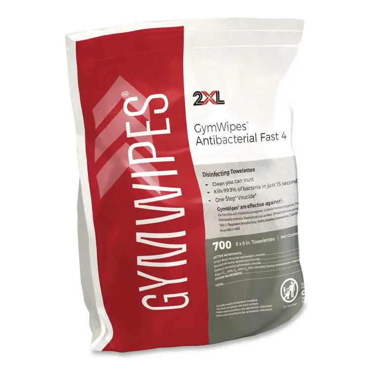 2XL Antibacterial Gym Wipes Refill, 1-Ply, 6 x 8, Unscented, White, 700 Wipes/Pack, 4 Packs/Carton (TXLL101)