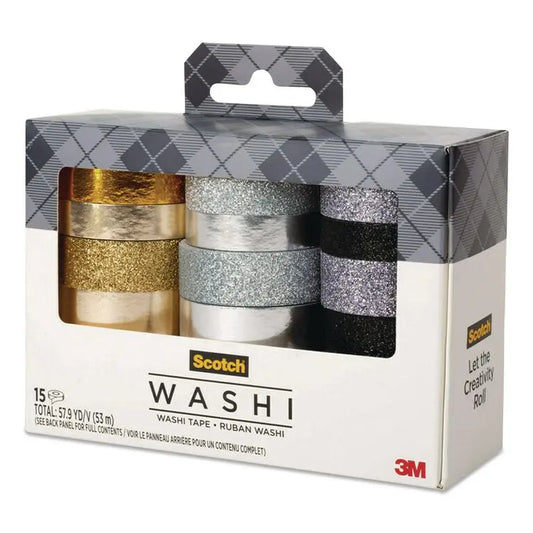 3M/COMMERCIAL TAPE DIV. Washi Glitter Metallic Tape, Black/Gold/Silver, Assorted Sizes/Colors/Finishes, 15 Rolls/Pack (MMMC101715P6)