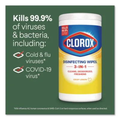 Clorox Disinfecting Wipes, 1-Ply, 7 x 8, Crisp Lemon, White, 35/Canister, 12 Canisters/Carton, Each