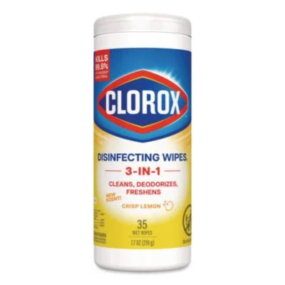 Clorox Disinfecting Wipes, 1-Ply, 7 x 8, Crisp Lemon, White, 35/Canister, 12 Canisters/Carton, Each