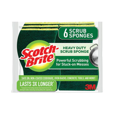 Scotch-Brite® Heavy-Duty Scrub Sponge, 4.5 x 2.7, 0.6" Thick, Yellow/Green, 6/Pack