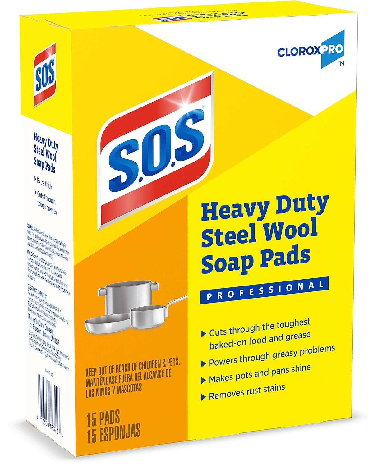 S.O.S.® Steel Wool Soap Pads, 2.4 x 3, Steel, 15 Pads/Box, 12 Boxes/Carton