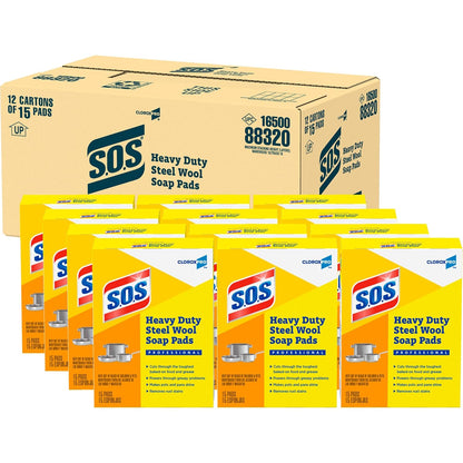 S.O.S.® Steel Wool Soap Pads, 2.4 x 3, Steel, 15 Pads/Box, 12 Boxes/Carton