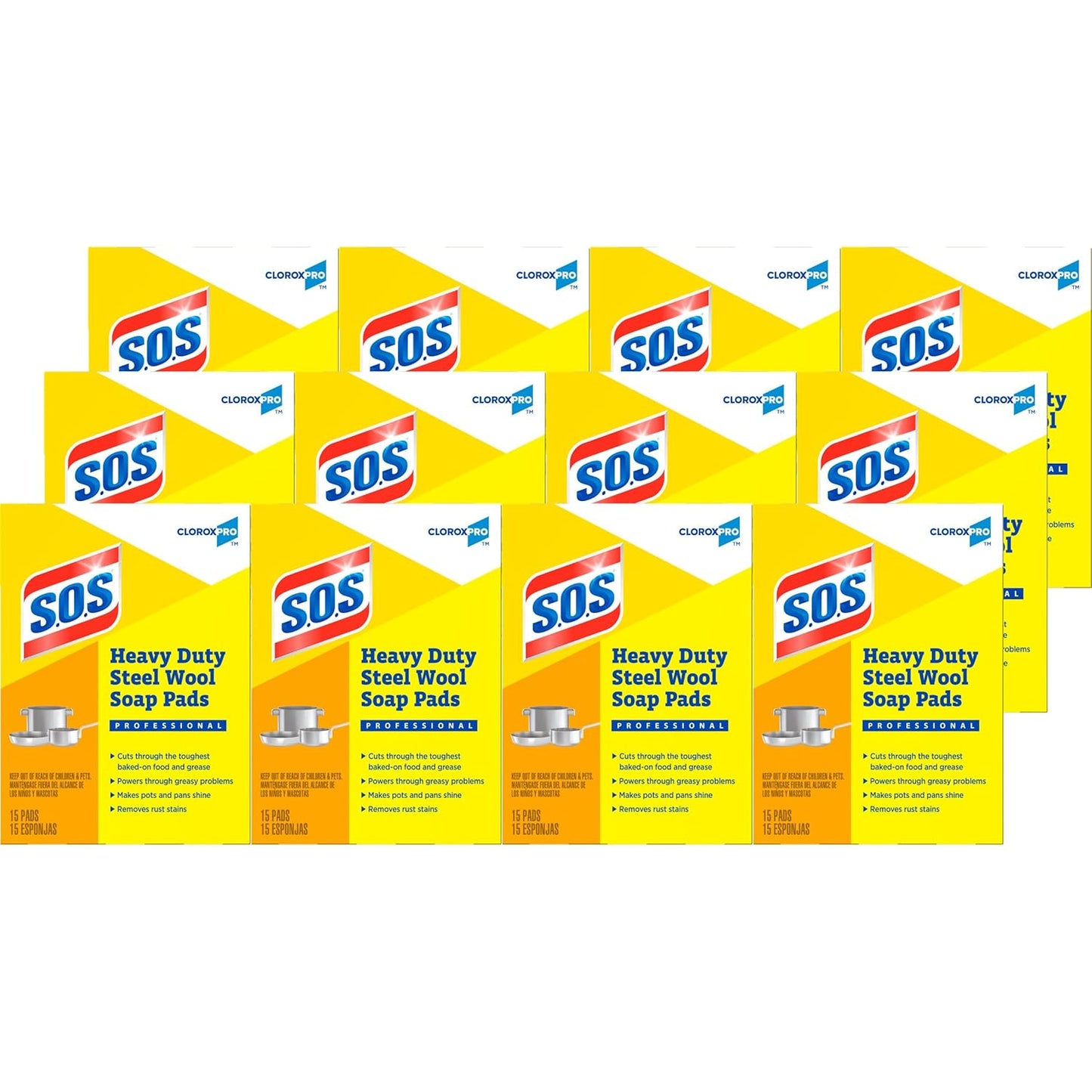 S.O.S.® Steel Wool Soap Pads, 2.4 x 3, Steel, 15 Pads/Box, 12 Boxes/Carton